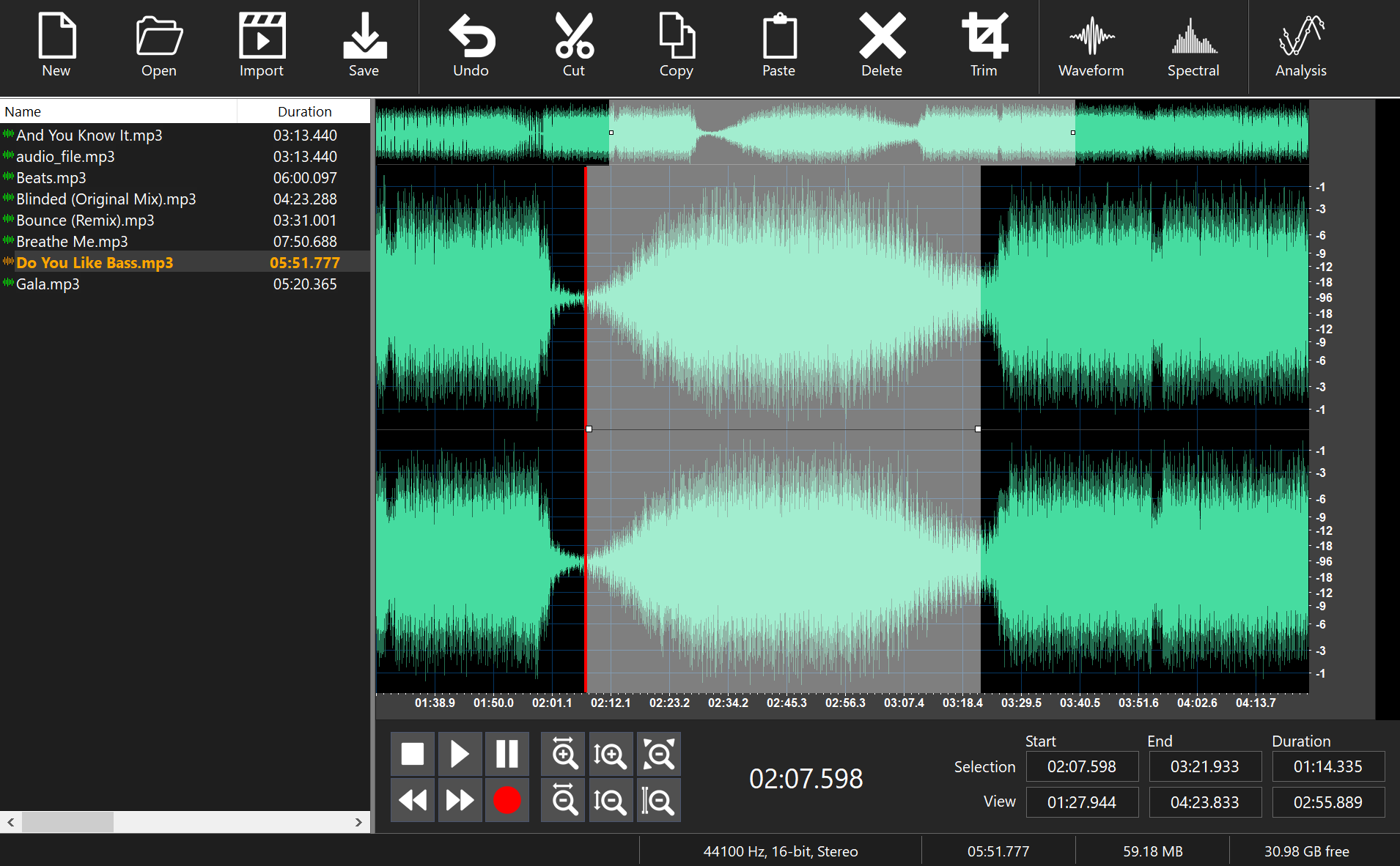 Audio Editor displaying a stereo waveform with a selected region, a list of audio files, and editing tools such as cut, trim, and spectral view