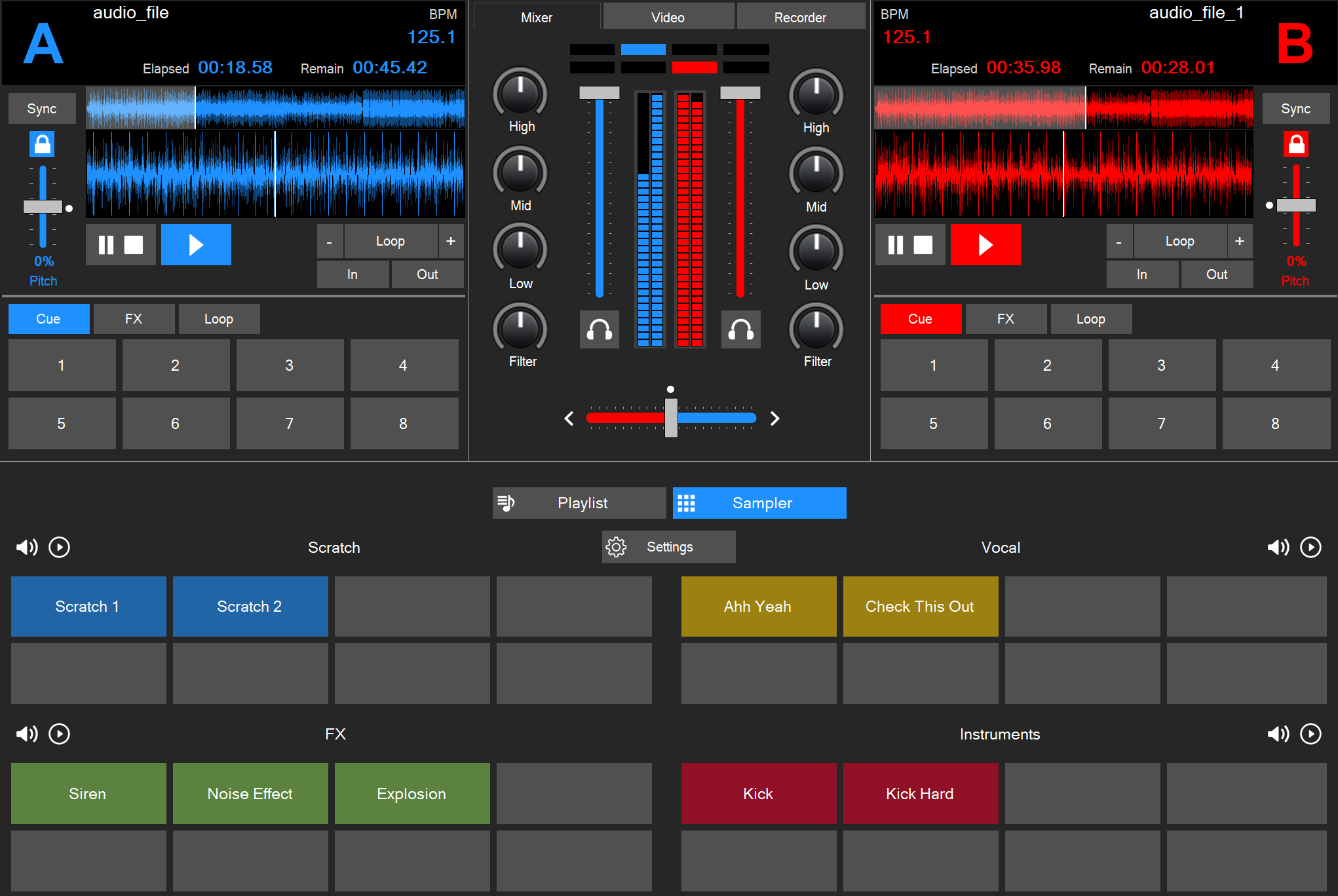 DJ Music Mixer with two decks showing waveforms and BPM, a central mixer with EQ knobs and crossfader, and a sampler pad grid