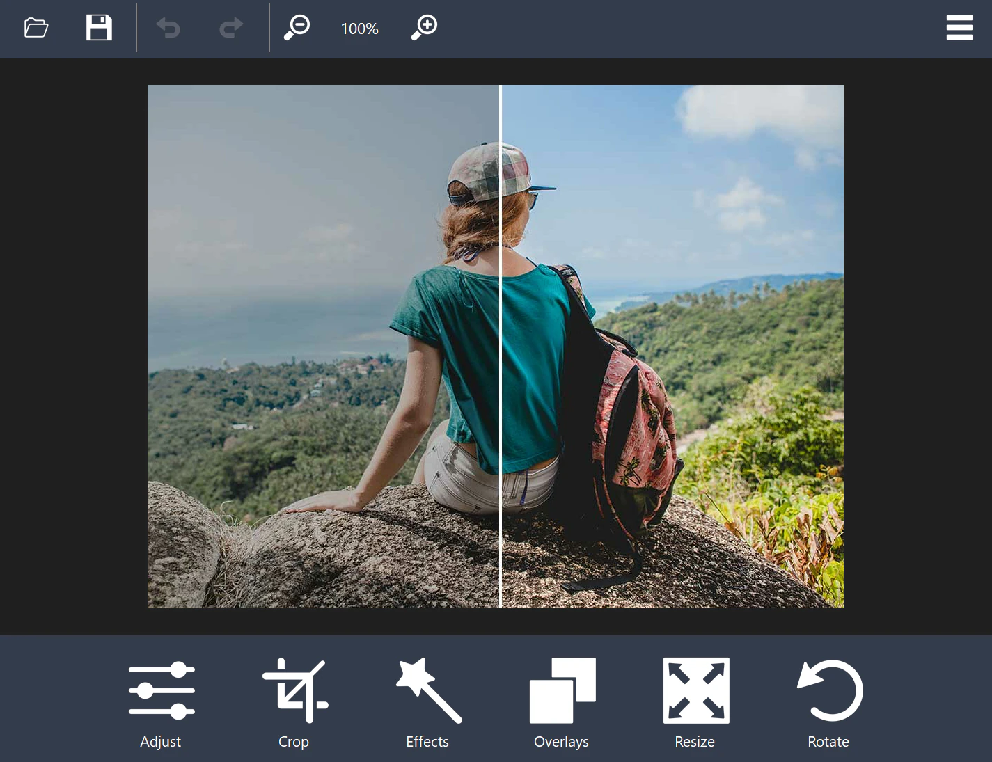 Photo Editor showing a before-and-after split view of a photo, with Adjust, Crop, Effects, Overlays, Resize, and Rotate tools