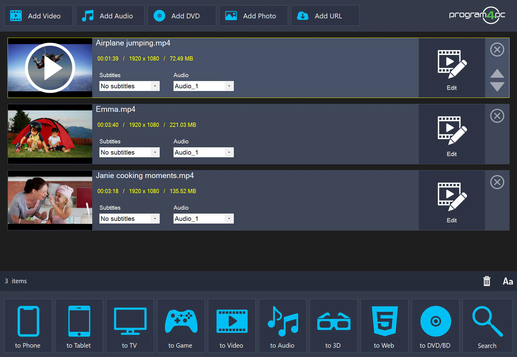Video Converter Pro with three video files queued and output options for phone, tablet, TV, web, and DVD or Blu-ray