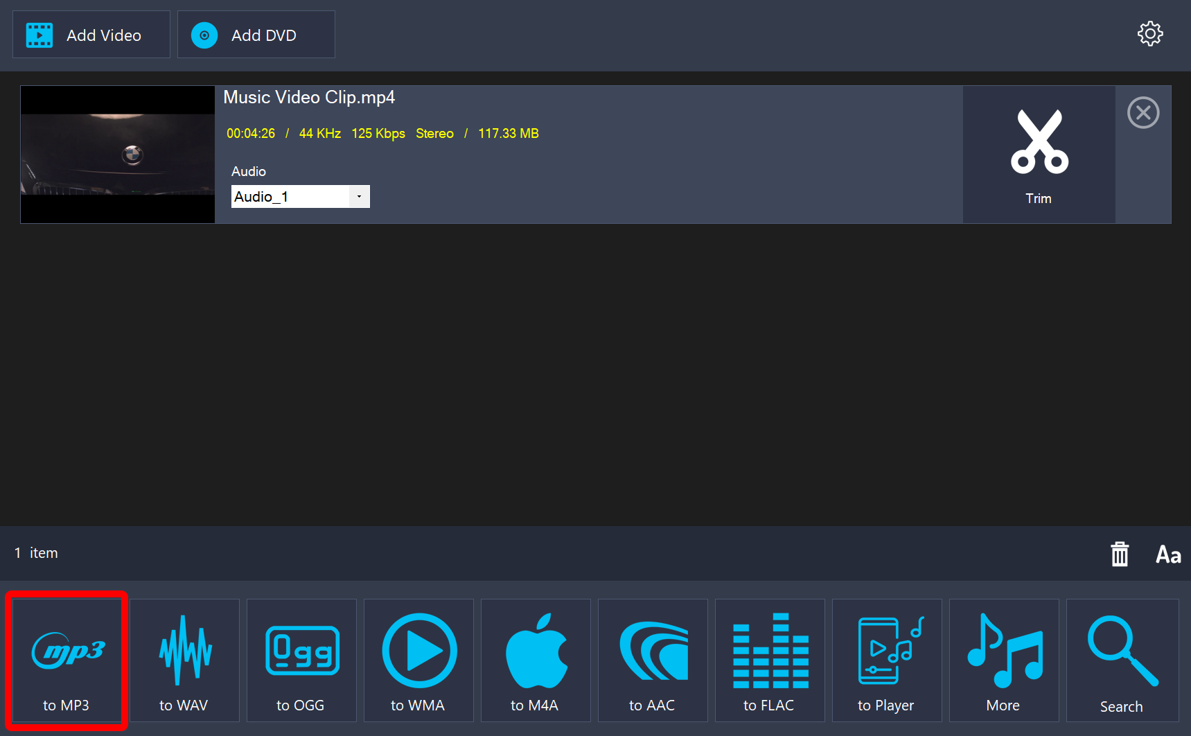 A video in the list with the to MP3 button highlighted