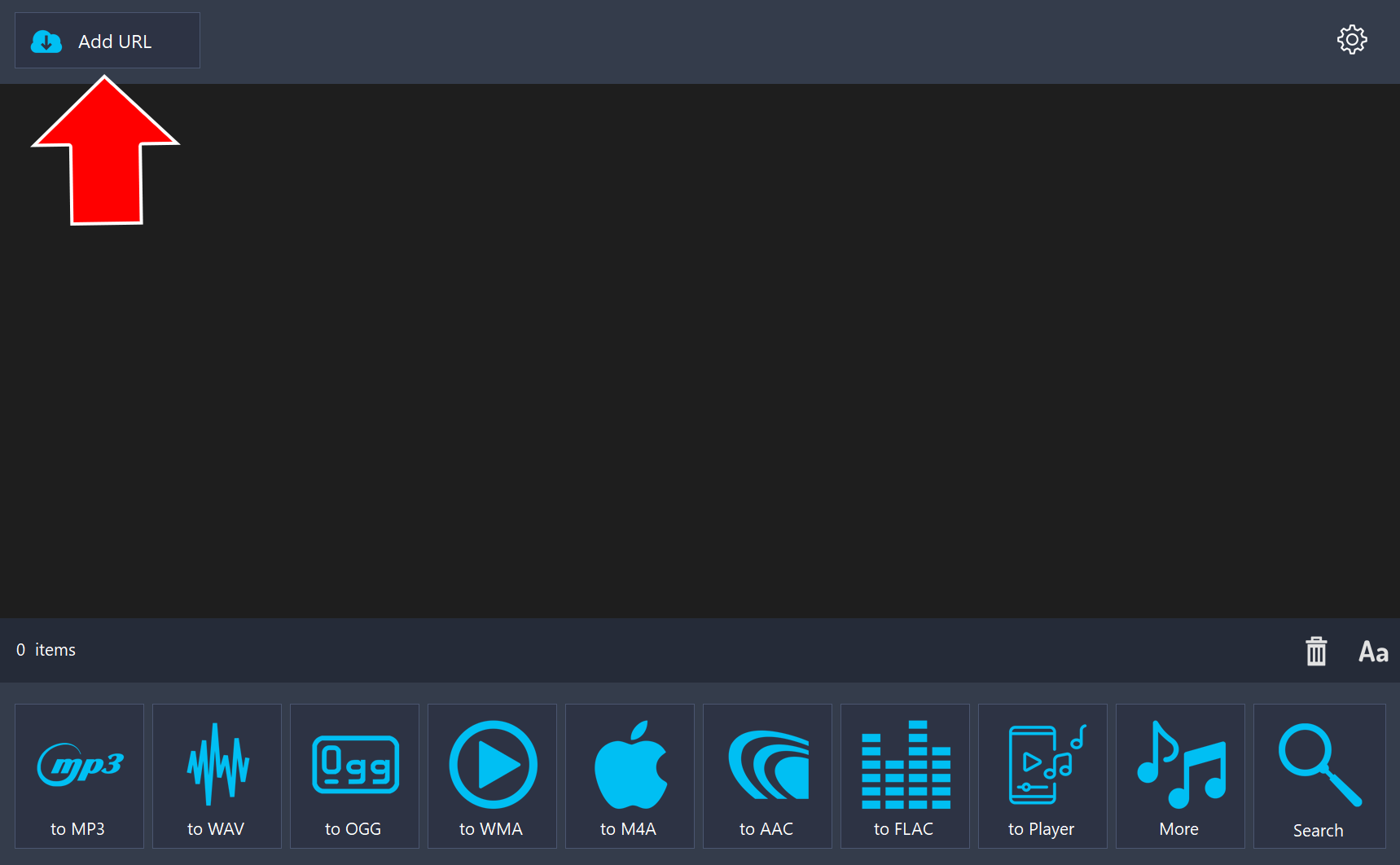 Audio downloader with an arrow pointing to the Add URL button