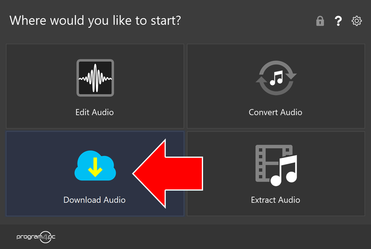 Audio Editor start screen with an arrow pointing to Download Audio