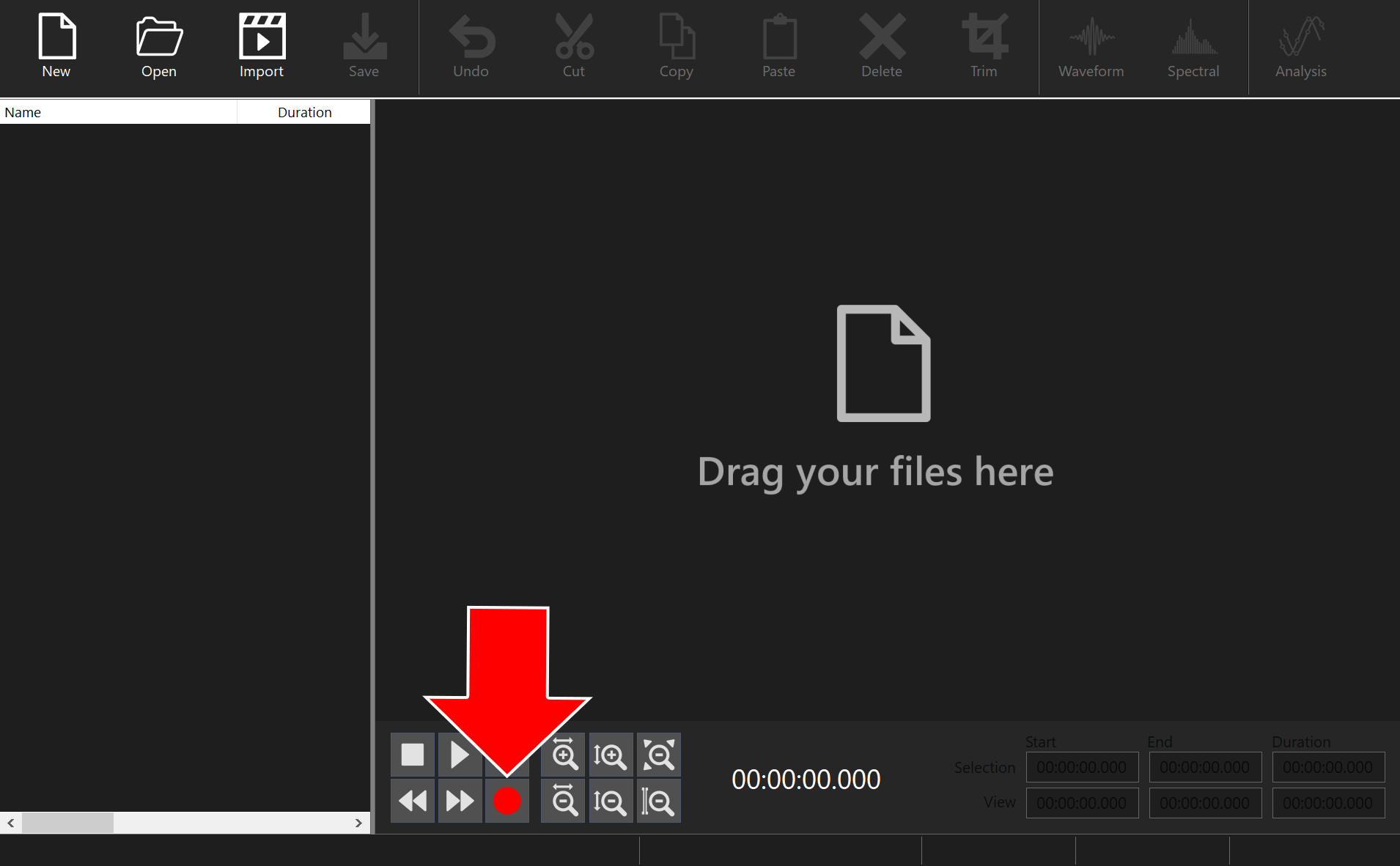 Empty audio editor with an arrow pointing to the red record button