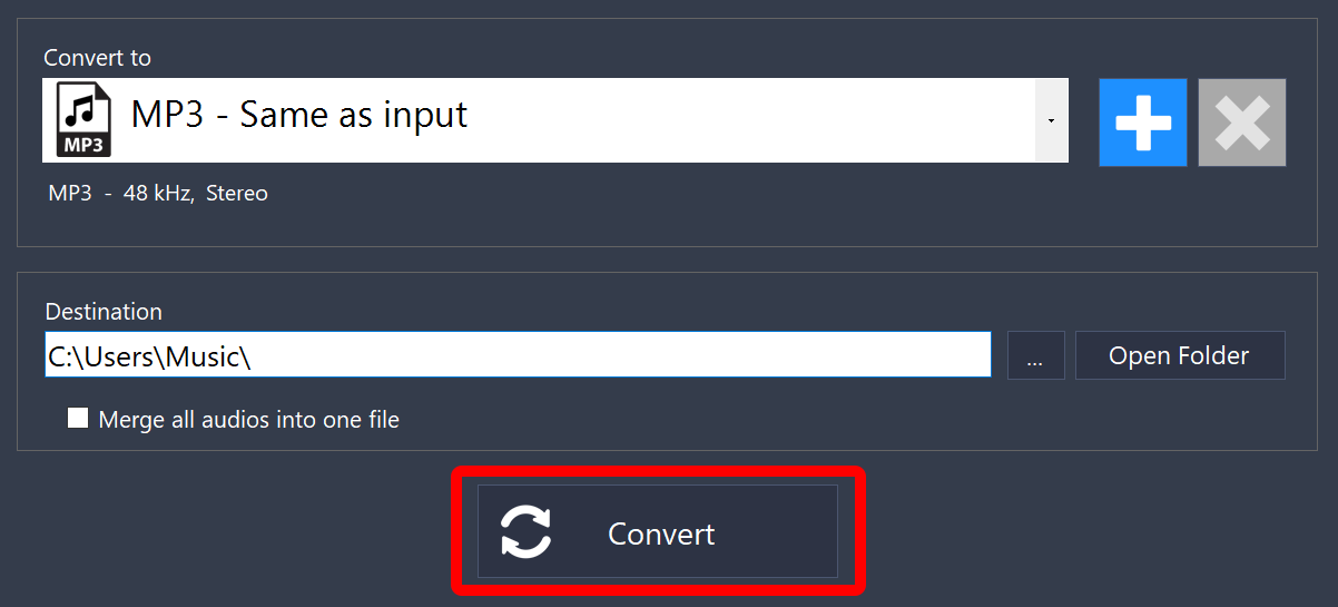 Output settings with MP3 in the Convert to list, the Destination field, and the Convert button highlighted