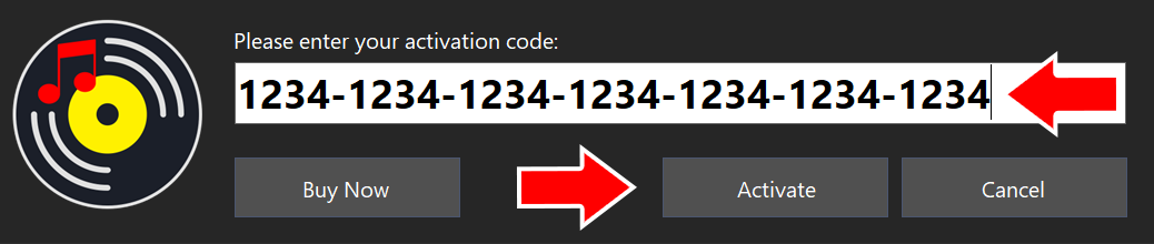 Activation Form with an activation code entered and arrows pointing to the code field and the Activate button