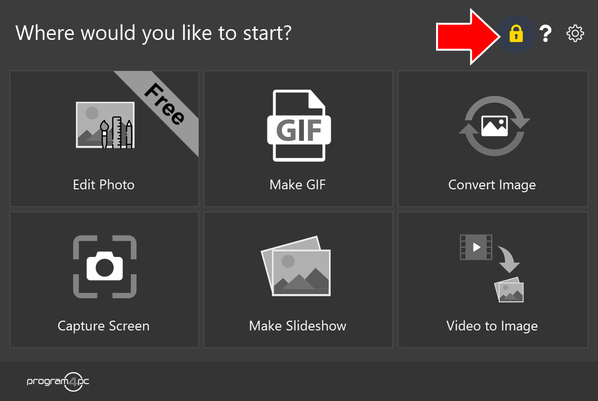 Photo Editor start screen with an arrow pointing to the yellow lock icon in the top-right corner