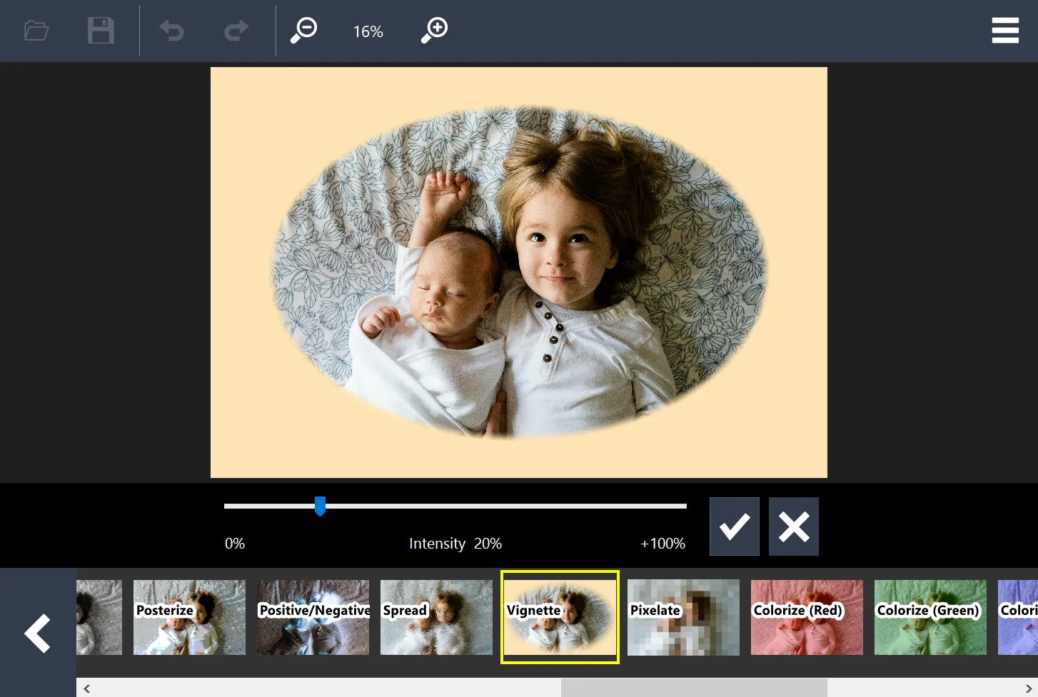 Vignette effect selected in the effects list, with the Intensity slider at 20% and check mark and cancel buttons