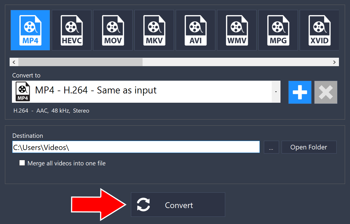 Output settings with MP4 selected, the Destination field, and an arrow pointing to the Convert button